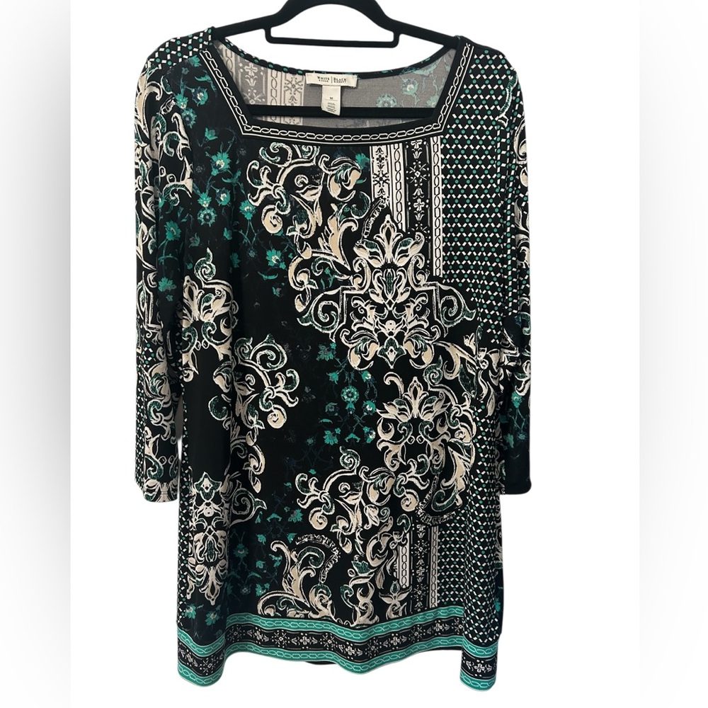 White House Black Market Black Teal Baroque Print Blouse Square Neck 3/4 Sleeve